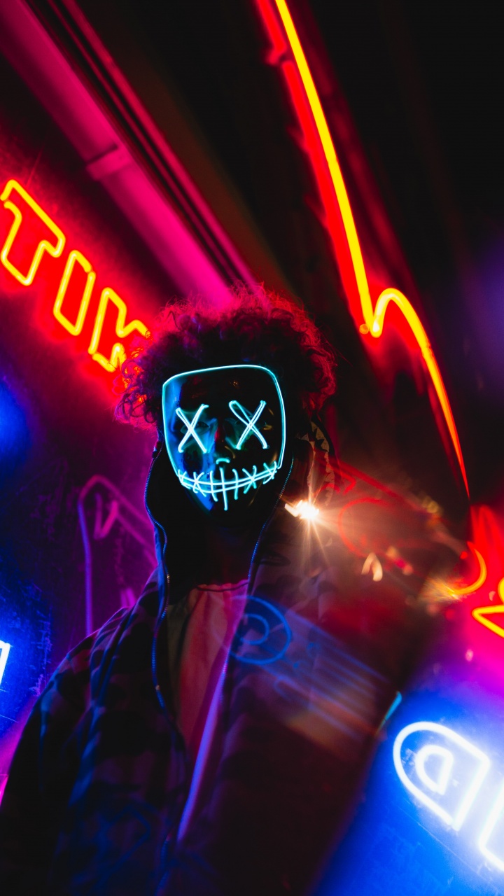 LED mask Wallpaper 4K, Neon Lights, Portrait, Colorful